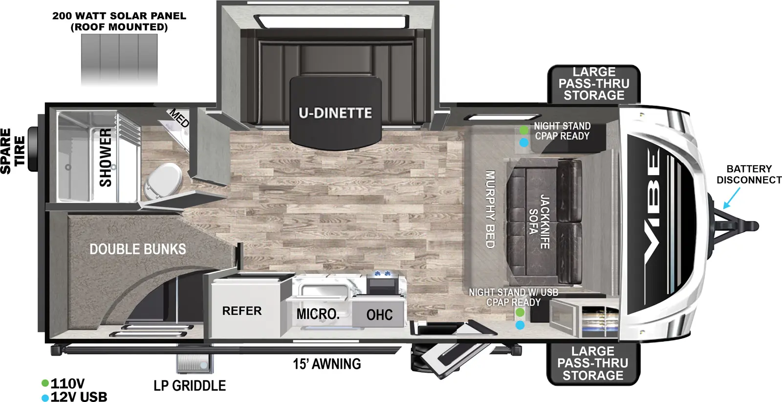 The Vibe West 18DB floorplan has one entry and one slide out. Exterior features include: fiberglass exterior, 15' awning and outside kitchen. Interiors features include: bunk beds, u-dinette and murphy bed.